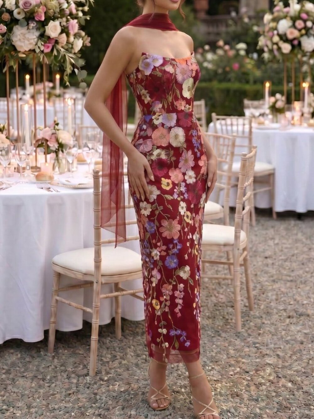 Burgundy Elegant Women's Heavy Embroidery 3D Floral Evening Gown